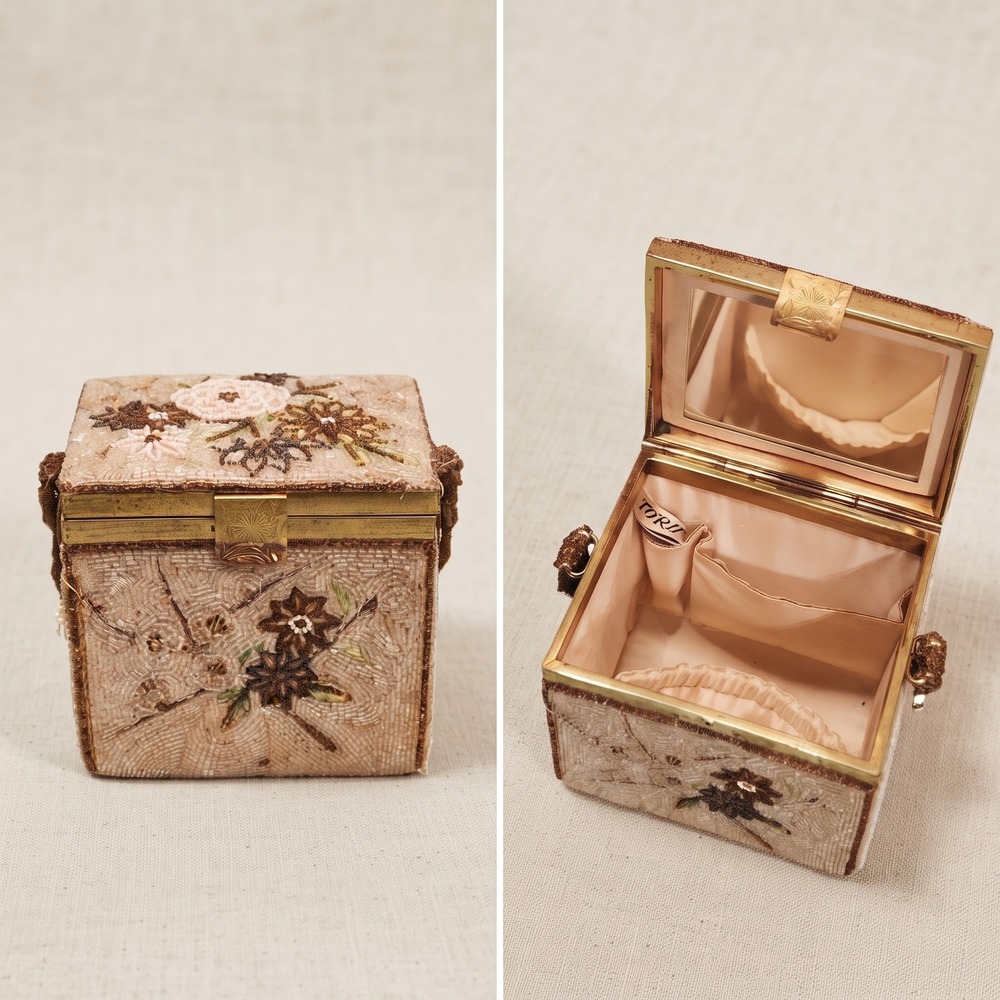 VTG Tori Beaded Box Purse Made in Japan Floral MCM Evening Bag Top Handle